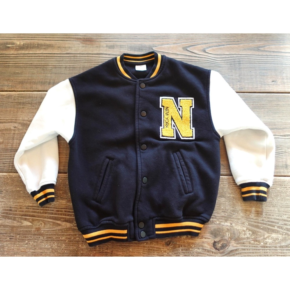 Zara Kids‎ Varsity Letterman Jacket 7-8 Black White New York Patch NYC Sporty